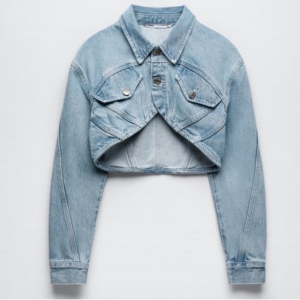 ZARA Cropped Denim Jacket Light Wash Arched Hem Jean Bolero Size L‎ - Picture 2 of 13